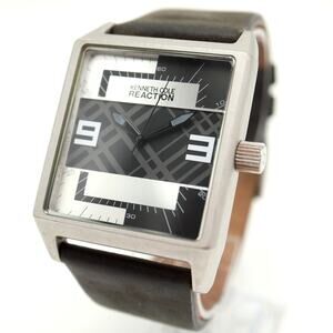 Kenneth Cole Reaction Mens 41mm Square Geometric Watch Black Leather New Battery